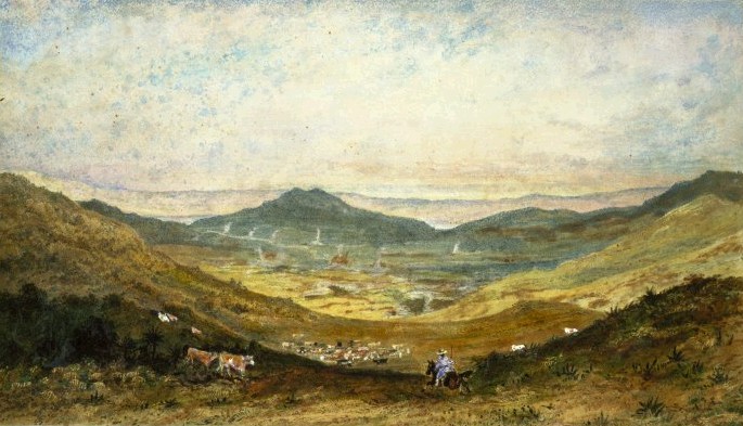 Newtown with Mt Victoria in the distance, as depicted in 1843 by Samuel Brees. Image: National Library reference [Brees, Samuel Charles] 1810-1865 :[Looking towards Mt Victoria across the present site of Newtown from below Kingston. ca 1843], Reference Number B-031-03 http://mp.natlib.govt.nz/detail/?id=32383 