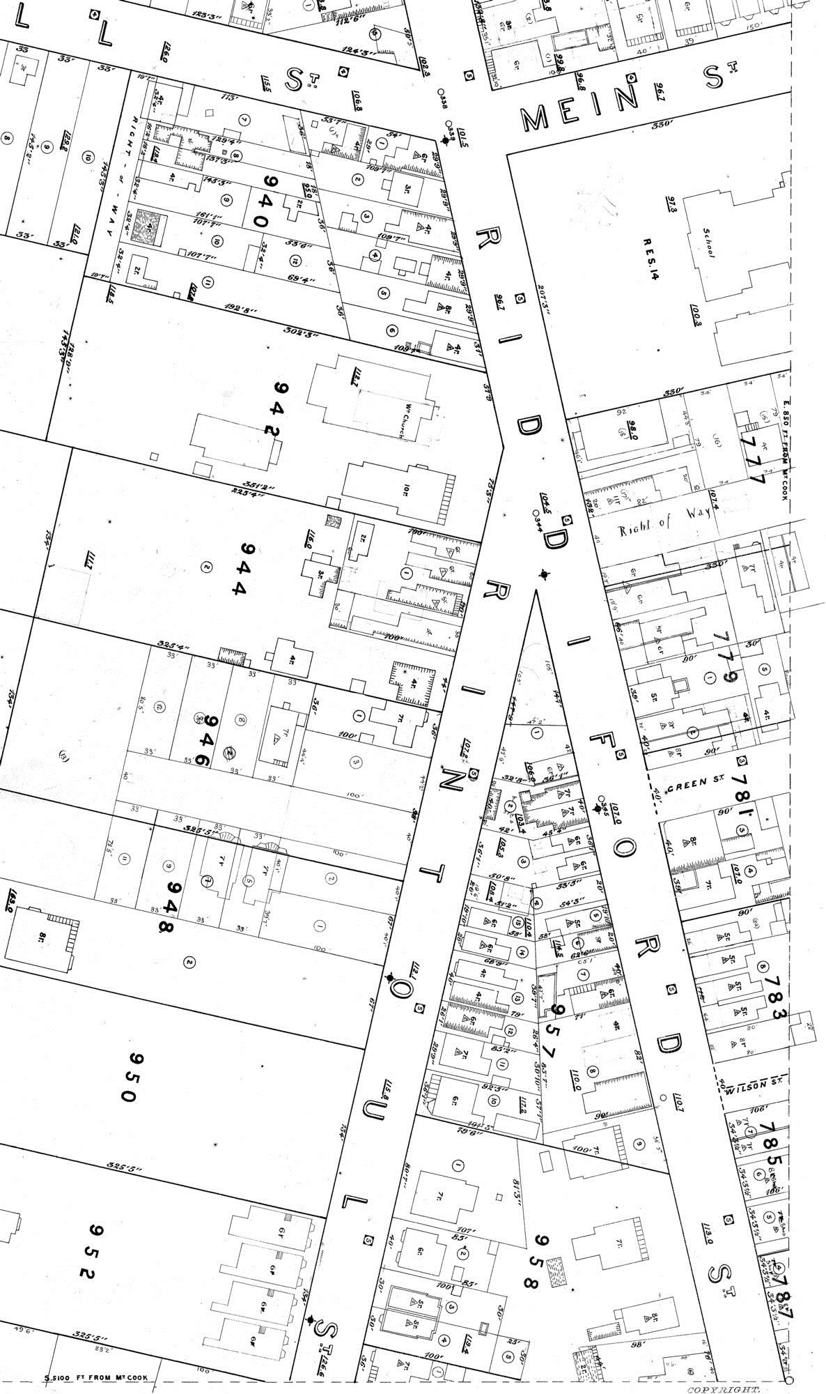 Ward Map, 1900, showing a portion of Riddiford Street and Rintoul Street. Much of the space along the road is occupied by shops by this time. Image: WCA, Ward Map 84, 1900 00514_09_04 