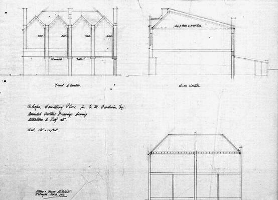 Original plans of front elevation, cross section and longitudinal section (WCC Archives reference 00053:163:8972)