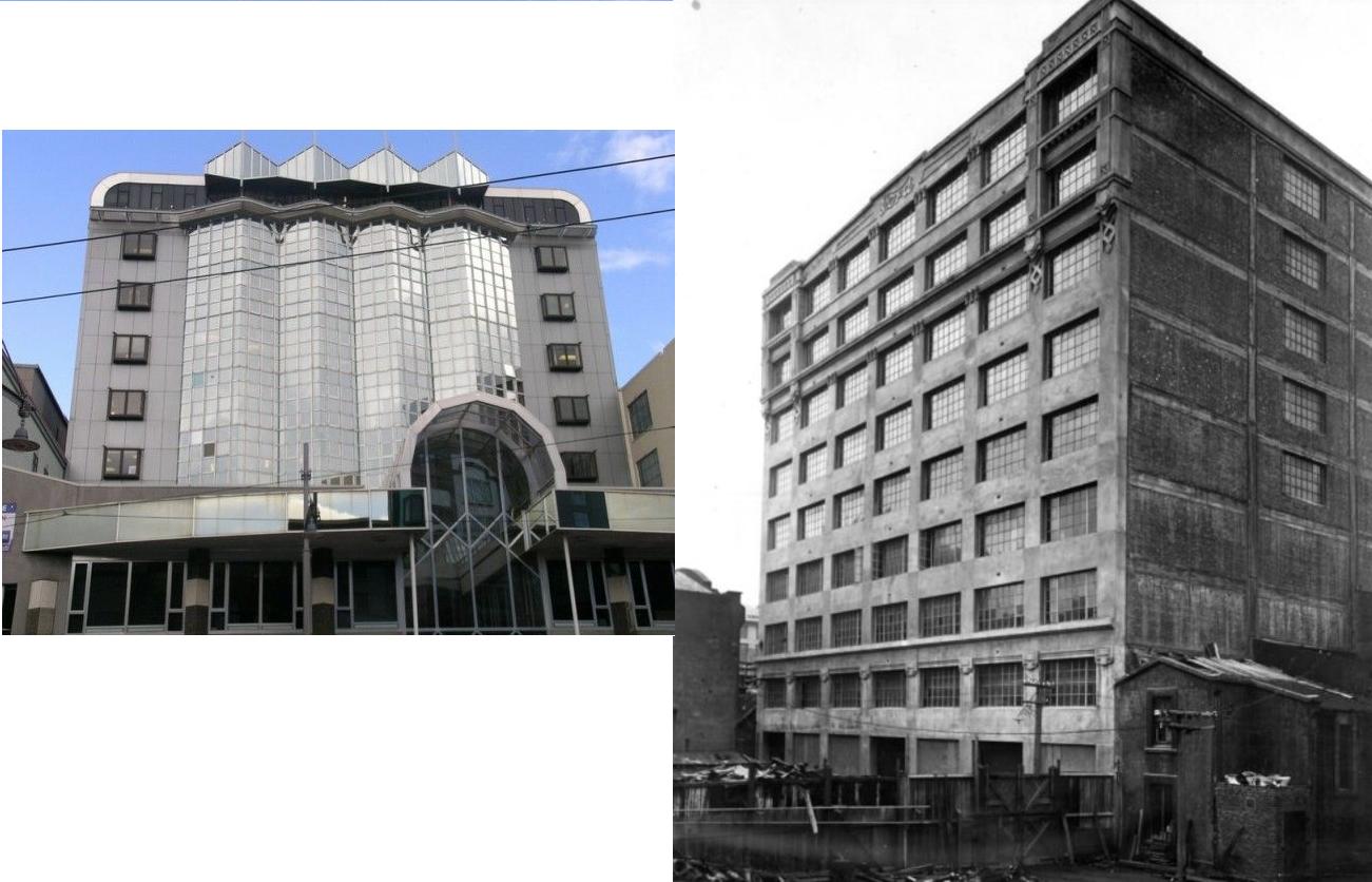 Courtenay Place elevation (Image: Charles Collins, 2015) and  [Colonial Motor Company Building, Wellington]. Lithgow, Robert William, fl 1980s :Photographs of buildings constructed by the Hansford & Mills Construction Co., and of the Kairuru marble quarry. Ref: PA1-q-144-057. Alexander Turnbull Library, Wellington, New Zealand. http://natlib.govt.nz/records/22452064