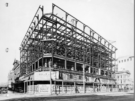 1928 DIC department store under construction, steel structure . Image: FG Barker, WCC Archives 00138_0_11044
