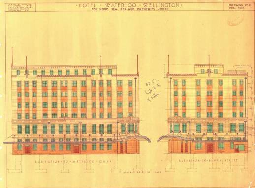 Section of original plans (Atkins and Mitchell, “Hotel Waterloo Wellington”, December 1935, WCC Archives reference 00056-171-B15112)