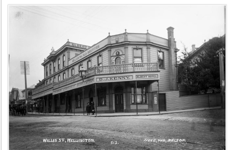 1900 - Old Identities (Albert) Hotel, on the corner of Boulcott and Willis Streets, Wellington. Tyree Studio :Negatives of Nelson and Marlborough districts. Ref: 1/2-011618-G. Alexander Turnbull Library, Wellington, New Zealand. http://natlib.govt.nz/records/22784678
