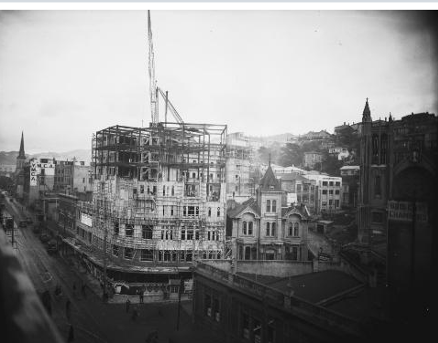 1930 - Willis and Boulcott Streets, Wellington, with the Hotel St George under construction. Raine, William Hall, 1892-1955 :Negatives of New Zealand towns and scenery, and Fiji. Ref: 1/1-018060-G. Alexander Turnbull Library, Wellington, New Zealand. http://beta.natlib.govt.nz/records/22342401