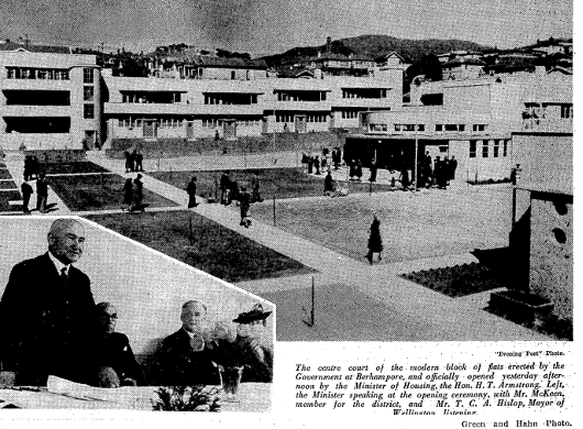 ‘The centre court of the modern block of flats erected by the Government at Berhampore, and officially opened yesterday afternoon by the Minister of Housing, the Hon. H.T. Armstrong. Left, the Minister speaking at the opening ceremony, with Mr McKeen, member for the district, and Mr T.C.A Hislop, Mayor of Wellington, is listening.