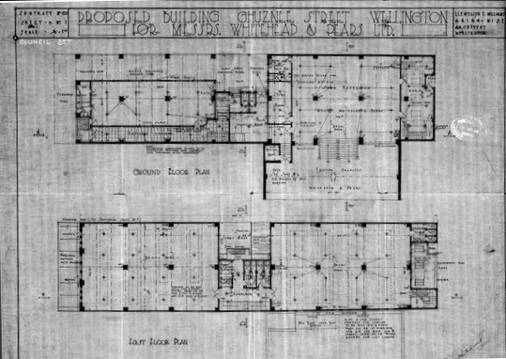 Original 1929 plans for Ghuznee Buildings, showing the ground and first floor plans (00056:81:B7739, 1929, WCC Archives)