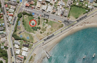 The Island Bay War Memorial Band Rotunda in the main section of Shorland Park, bordered by The Parade, Reef Street, and The Esplanade (Image from Google Maps, September 2011).