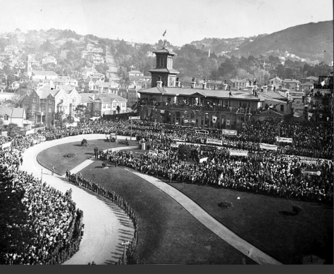 1920 Royal Visit, elevated view of Parliament grounds showing crowds gathered to welcome the Prince of Wales with a view towards the north end of Lambton Quay and Turnbull House. WCC Archives ref 00138:0:13705
