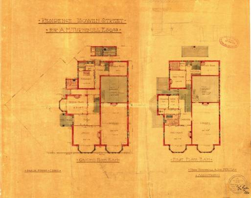 1916 plans of the ground and first floor of Turnbull House, note that the four large reception rooms on the ground and first floors are all noted as “Library”, and that the “Study” on the ground floor is larger than the “Dining Room”, any guests that visited Turnbull were obviously entertained in the library and study areas. Image: Turnbull and Son, WCC Archives ref 00053_187_10249.