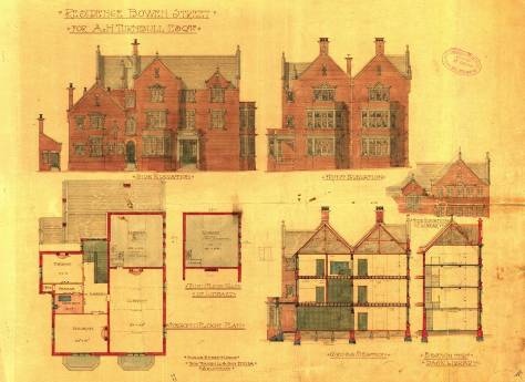 1916 plans of the second and third floor, and front and side elevations. Note again that the largest rooms are denoted as “Library”. Image: Turnbull and Son, WCC Archives ref 00053_187_10249.