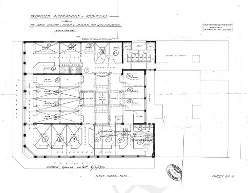 1928 first floor plan of conversion of Te Aro House to Burlington Arcade, the drawing is annotated with the “crossed spaces un-let 6/2/1930” and that shops 10,11,12 & 13 were amalgamated to form a small restaurant. (Image: WCC Archives 00056_54_B5222)