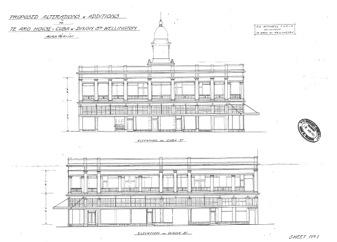 The 1928 elevations for the conversion of Te Aro House to Burlington Arcade. This image shows that the tower was to be retained in the remodelled Te Aro House, but it appears that the tower was removed during the works. (Image: WCC Archives 00056_54_B5222)