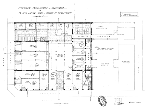 1928 Ground floor plan of conversion of Te Aro House to Burlington Arcade. (Image: WCC Archives 00056_54_B5222)