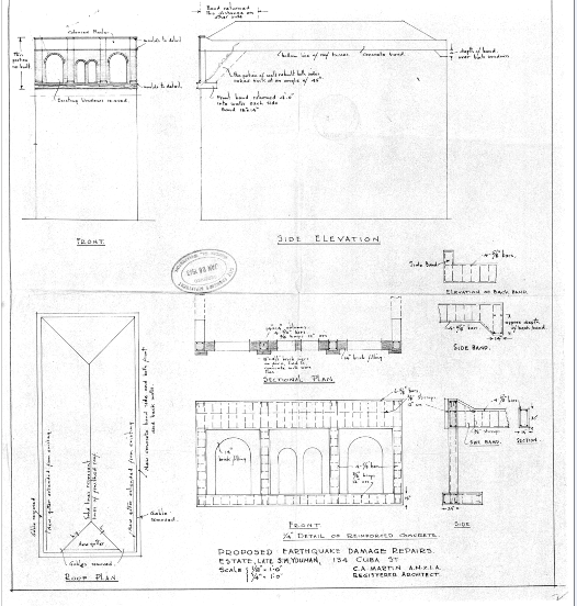 1942	Proposed repairs after the 1942 Wellington-Wairarapa Earthquake. Note that the third floor façade was substantially rebuilt at this time, with a reinforced concrete frame that was clad and in-filled with brick. A gable appears to have been removed, perhaps by the earthquake, and the current hipped roof profile adopted at about this time.  (WCC Archives reference 00056:282:B22649)