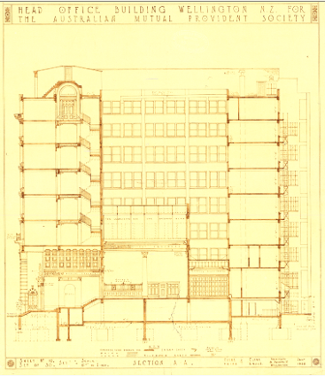 1925 section through the building from east to west – note the light-well at the centre of the building and the lantern light over the ground floor insurance hall (General Office). (WCC Archives)
