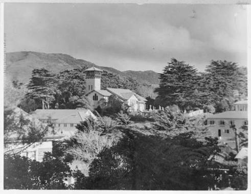 Chapman-Taylor, James Walter, 1878-1958. Bennett, P O, fl 1985 :Photograph of a view in Karori, Wellington, looking towards St Mary's Anglican Church, taken by J W Chapman-Taylor. Ref: 1/2-162466-F. Alexander Turnbull Library, Wellington, New Zealand. http://natlib.govt.nz/records/23218687