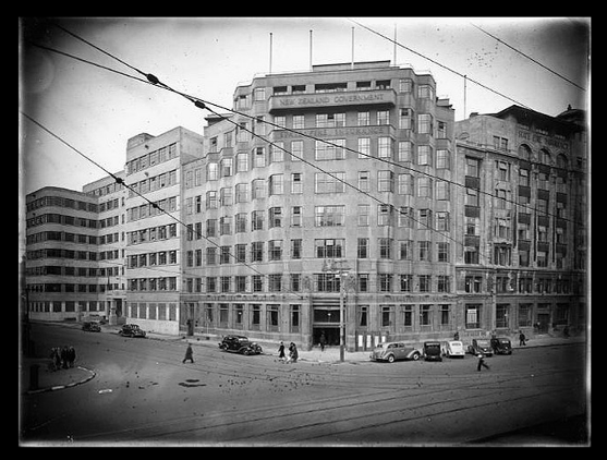 State Insurance and the Departmental Building in 1942, soon after both buildings were completed.  State Insurance building on the corner of Stout Street and Lambton Quay, Wellington. Raine, William Hall, 1892-1955 :Negatives of New Zealand towns and scenery, and Fiji. Ref: 1/1-018038-G. Alexander Turnbull Library, Wellington, New Zealand. http://natlib.govt.nz/records/22723459