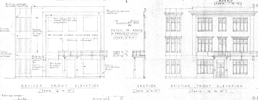 1950	Alterations (00056:386:B29701) – the earlier Classical façade is shown to the right, and the proposed Stripped Classical design is shown on the left. 