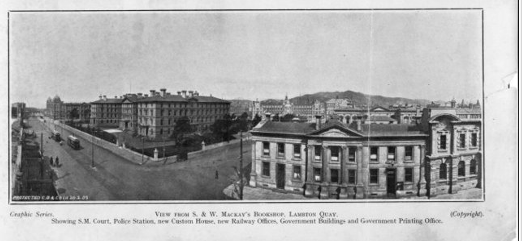 1905 the former Central Police Station on Lambton Quay can be seen at the far right of this photograph. Lambton Quay, Wellington. C B and Company Ltd : Photographs from the publication 