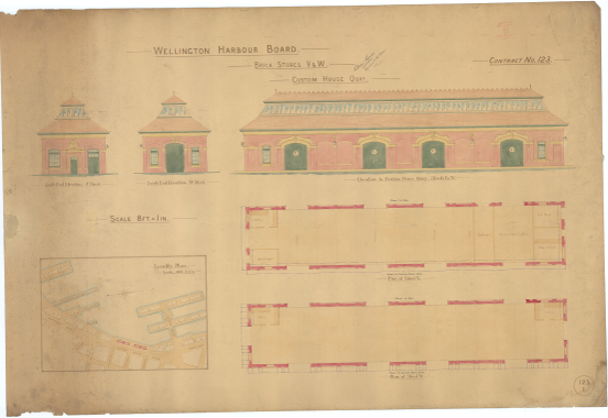 1903 drawings signed by William Ferguson for brick stores V & W. The contract set of drawings for these buildings survive and are signed by T Hunt and J McDonald (Contractors), William Cable (Chairman), and William Ferguson (Secretary), these are dated 1904. (1903 drawings WCC Archive, ref 00044_0_211-plans; Contract drawings WCC archives ref AC016_3_123-plans.)