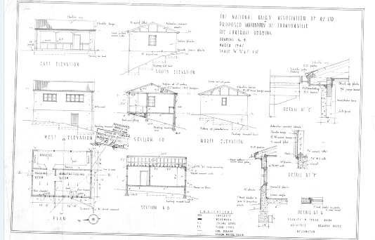 1947 – The National Dairy Association of NZ Ltd. Laboratory (Laboratory 2). Note the unusual open verandah design for the Annexe. The building was constructed from concrete with a hard cement render inside and out, and a coved detail at the junction between floors and walls, presumably for ease of cleaning. The gutter is noted as a “stock pattern wood eaves gutter” this has since been replaced with a half round galvanised steel gutter. (WCC Archives reference 00049:8:281)