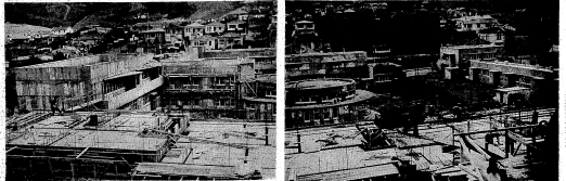 ‘Two views of the block of fifty self-contained flats, ranging in size from one room with bed recess, bathroom and kitchenette, to the equivalent of a four-roomed cottage, which is well on the way towards completion for the Government Housing Construction Department in Adelaide road, Berhampore. This multiple-unit block is the largest if its kind in New Zealand. Except for the western wing, shown in the foreground of each picture, the main building construction is practically complete.