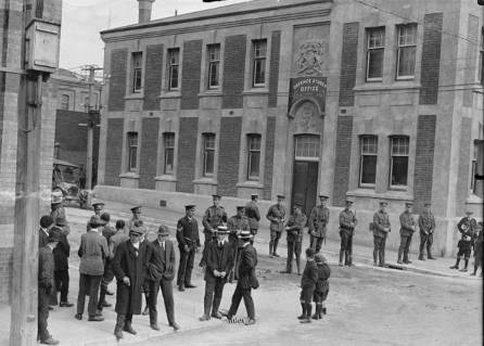 1913 - At Buckle Street, Wellington, during the 1913 waterfront strike. Smith, Sydney Charles, 1888-1972 :Photographs of New Zealand. Ref: 1/2-048786-G. Alexander Turnbull Library, Wellington, New Zealand. http://natlib.govt.nz/records/22820606