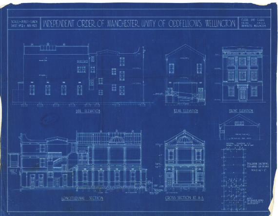 Architect plans, Independent Order of Manchester Unity of Oddfellows Wellington (Bats Theatre), 1 Kent Terrace, as proposed. WCC Archive File 00055:18:A1754.