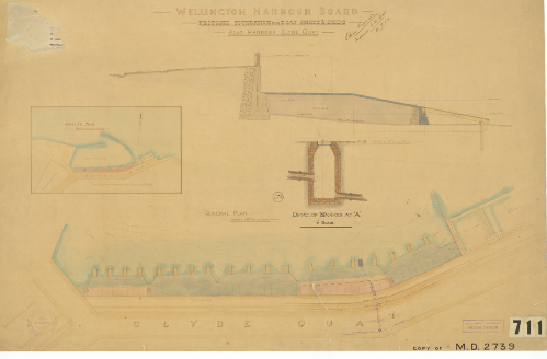 Proposed foundation for boat sheds and skids. Sheds 2-13, 38-49 are in pink (WCC Archives reference 00237:6:7)  