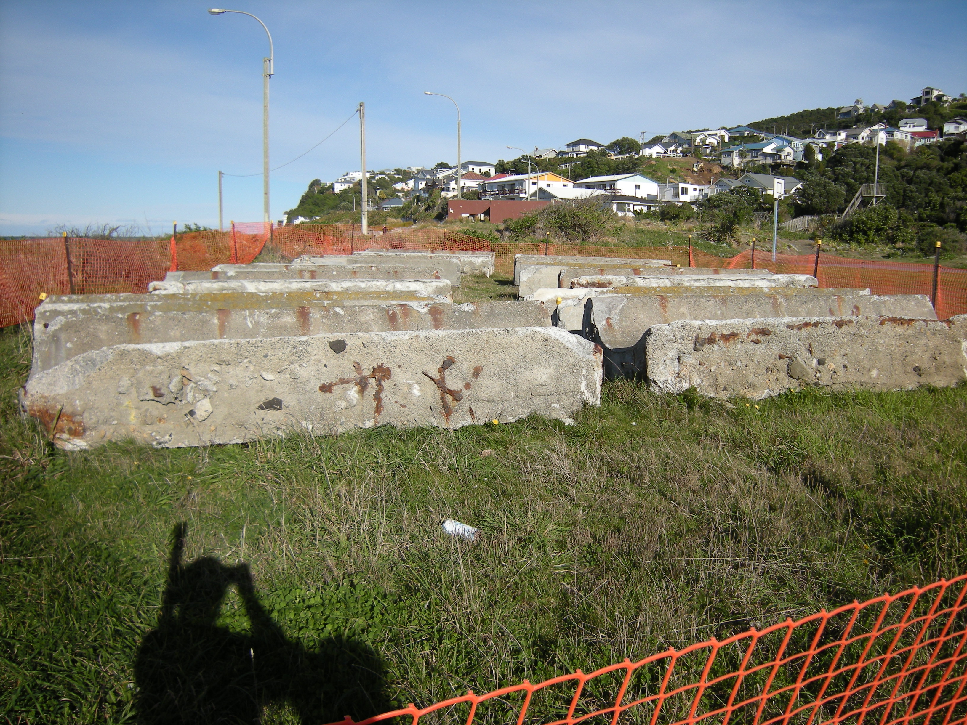 Damaged sections of sea wall stored at Shorland Park. Image: WCC, 2015