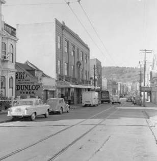 Trades Hall, left centre, Vivian Street, Wellington. Negatives of the Evening Post newspaper. Ref: EP/1958/1700-F. Alexander Turnbull Library, Wellington, New Zealand. http://natlib.govt.nz/records/22773971