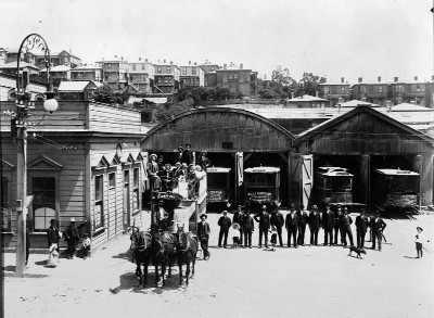 Outside the Wellington Corporation Tramways shed, Drummond Street, and Horse drawn tram, bound for Cuba Street 1900. Image: Wellington City Archives: 00138:0:3129.